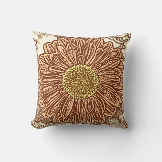 Gerbera Daisy Block Print - braun und braun Kissen (Vorderseite)