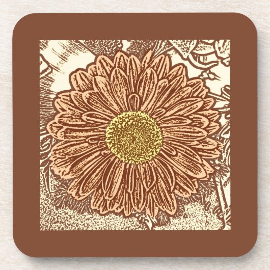 Gerbera Daisy Block Print - braun und braun Untersetzer (Vorderseite)