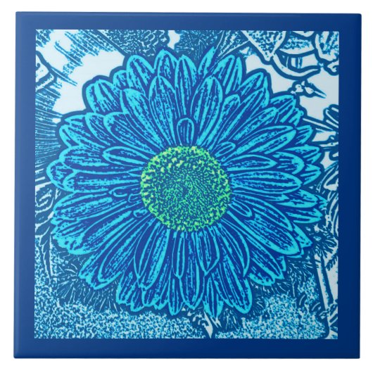 Gerbera Daisy Block Print, Cerulean & Indigo Blue Fliese (Vorderseite)