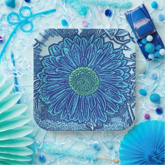 Gerbera Daisy Block Print, Cerulean & Indigo Blue Pappteller (Party)