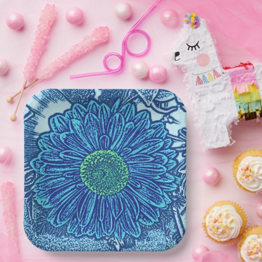 Gerbera Daisy Block Print, Cerulean & Indigo Blue Pappteller (Party)