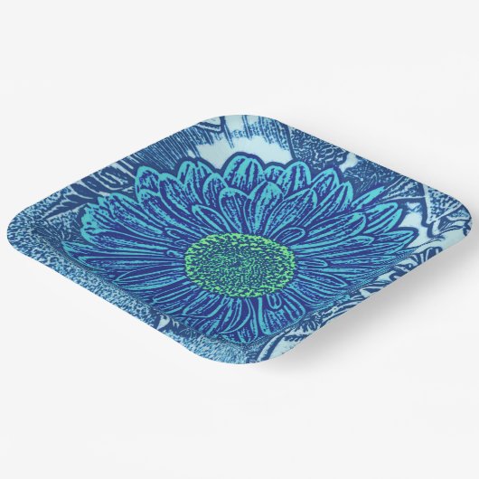 Gerbera Daisy Block Print, Cerulean & Indigo Blue Pappteller (Gewinkelt)