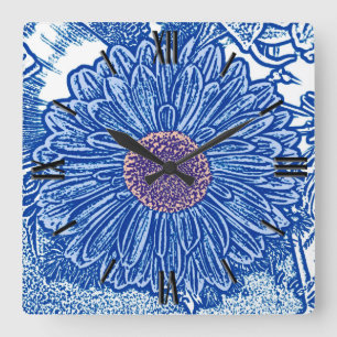 Gerbera Daisy Block Print - cobalt blue Quadratische Wanduhr