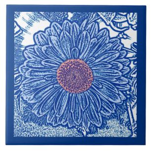 Gerbera Daisy Block Print, Cobalt und Sky Blue Fliese