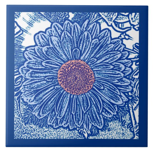 Gerbera Daisy Block Print, Cobalt und Sky Blue Fliese (Vorderseite)