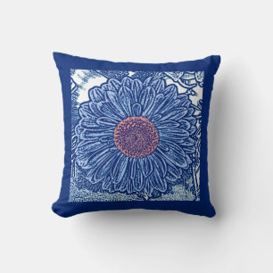 Gerbera Daisy Block Print, Cobalt und Sky Blue Kissen