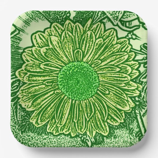 Gerbera Daisy Block Print, Emerald & Lime Green Pappteller (Vorderseite)