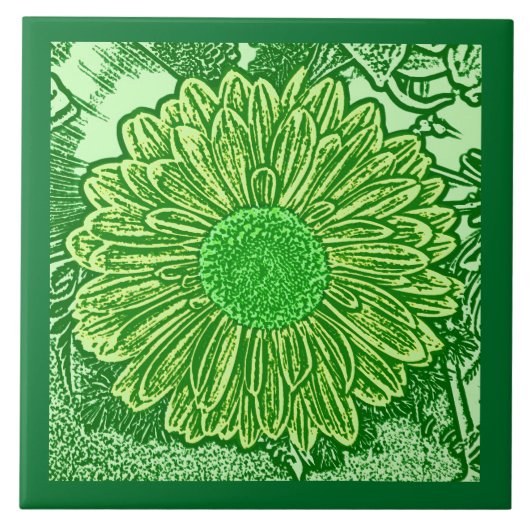 Gerbera Daisy Block Print, Emerald und Lime Green Fliese (Vorderseite)