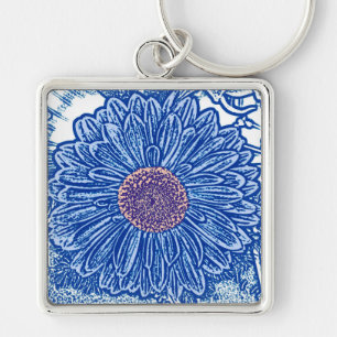 Gerbera Daisy Block Print - Kobalt blau Schlüsselanhänger