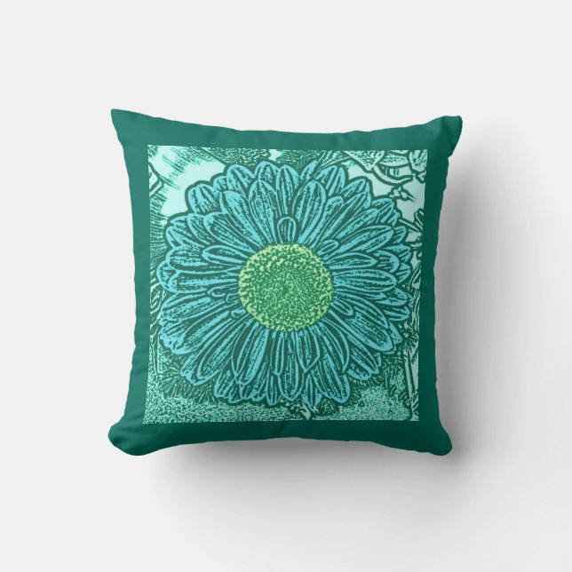 Gerbera Daisy Block Print, Light Aqua & Turquoise Kissen (Vorderseite)