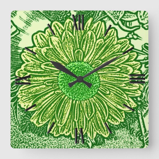 Gerbera Daisy Block Print - Limettengrün Quadratische Wanduhr (Vorderseite)