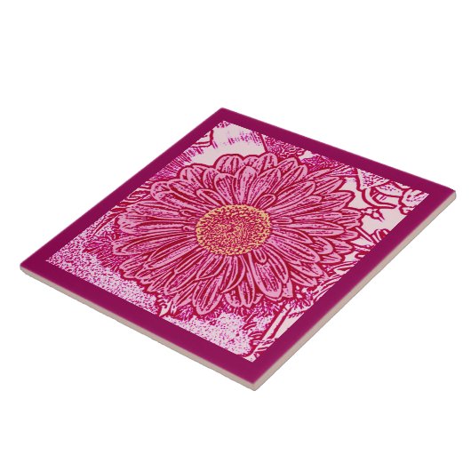 Gerbera Daisy Block Print, Maroon & Pastel Pink Fliese (Seite)