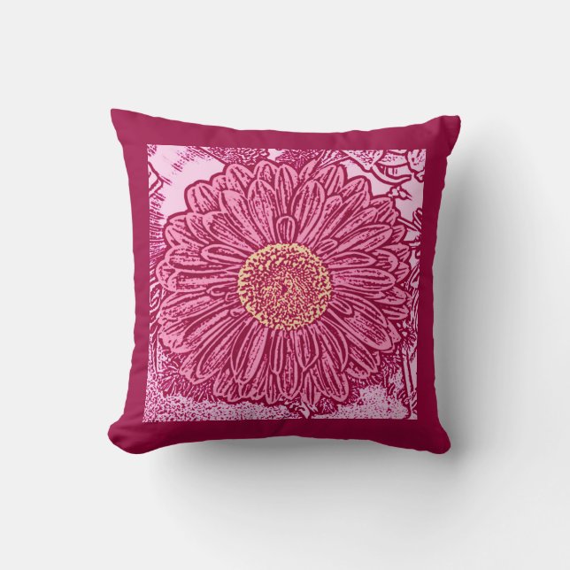 Gerbera Daisy Block Print, Maroon & Pastel Pink Kissen (Vorderseite)