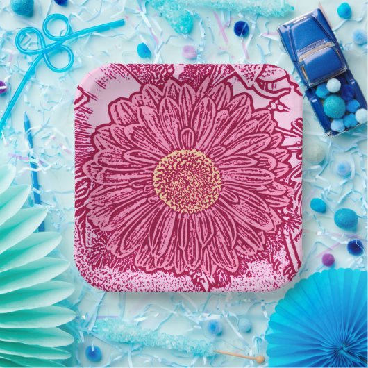 Gerbera Daisy Block Print, Maroon & Pastel Pink Pappteller (Party)