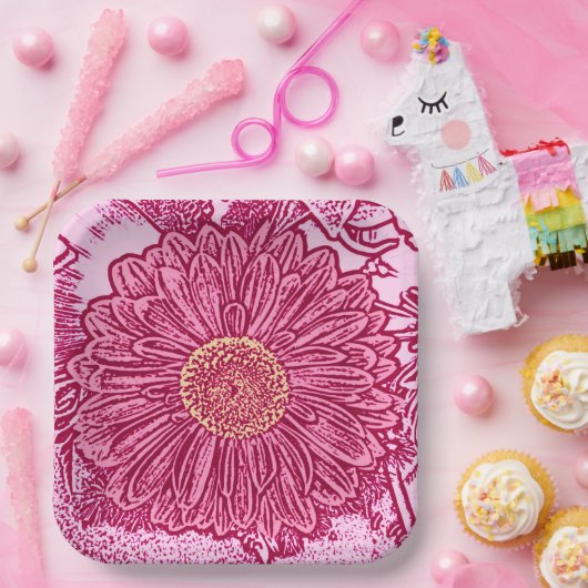 Gerbera Daisy Block Print, Maroon & Pastel Pink Pappteller (Party)