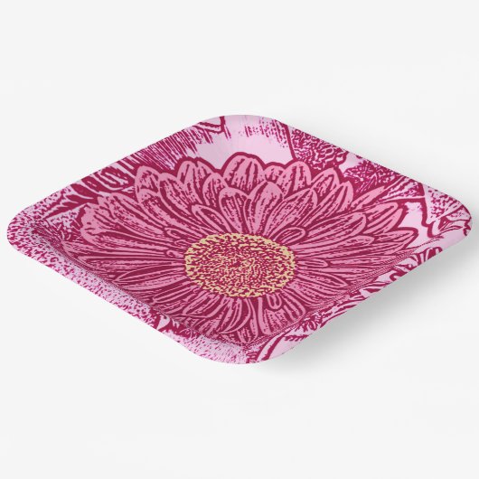 Gerbera Daisy Block Print, Maroon & Pastel Pink Pappteller (Gewinkelt)