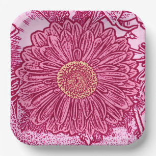 Gerbera Daisy Block Print, Maroon & Pastel Pink Pappteller