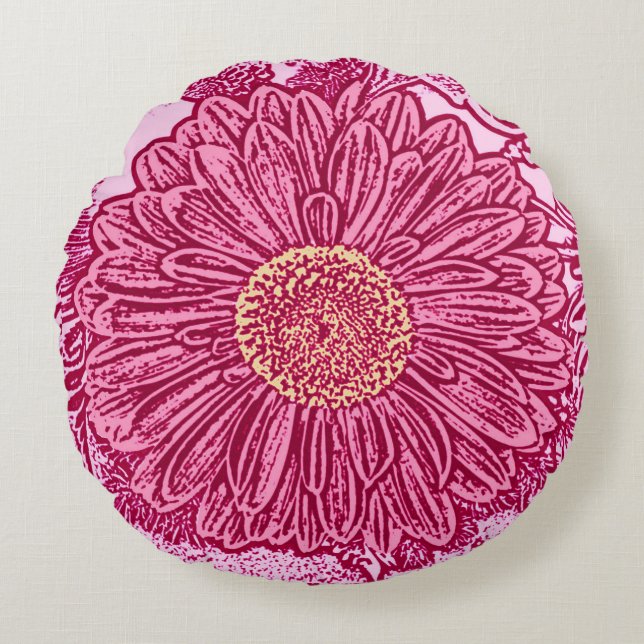Gerbera Daisy Block Print, Maroon & Pastel Pink Rundes Kissen (Vorderseite)