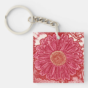 Gerbera Daisy Block Print - rot und rosa Schlüsselanhänger