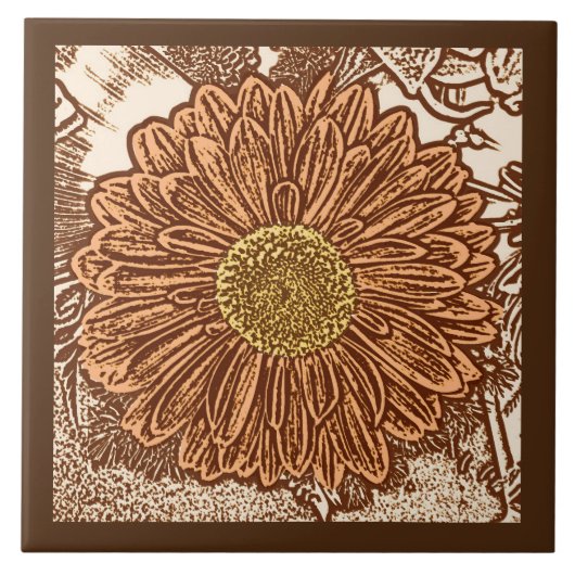 Gerbera Daisy Block Print, Schokolade Brown und Ta Fliese (Vorderseite)