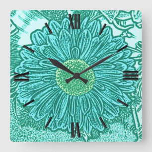 Gerbera Daisy Block Print - shades of aqua Quadratische Wanduhr