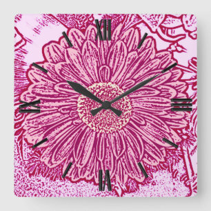 Gerbera Daisy Block Print - shades of pink Quadratische Wanduhr