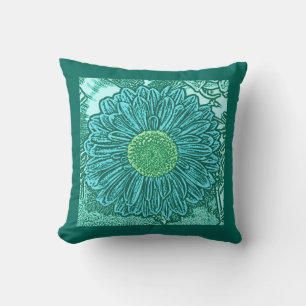 Gerbera-Daisy Blockdruck, Hell-Aqua und Türkis Kissen