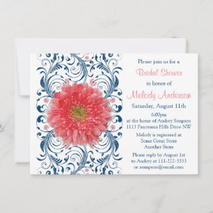 Gerbera Daisy Coral Navy Blue Floral Brautparty Einladung
