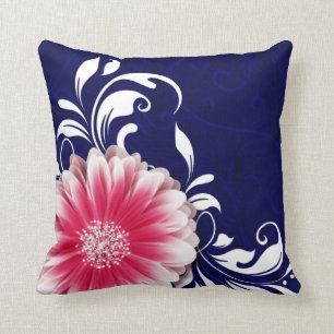 Gerbera Daisy Fancy Scroll marineblau fuchsia Kissen