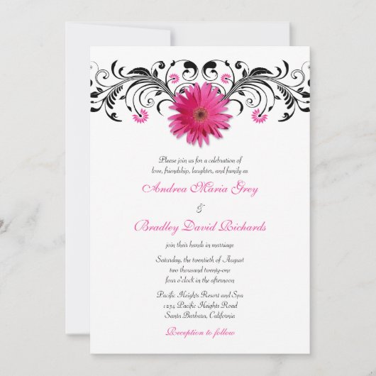 Gerbera Daisy Pink Black Floral Wedding Einladung (Vorderseite)