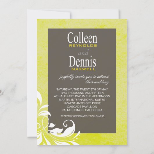 Gerbera Daisy Scroll 1 Hochzeitsgelbe Tafel Einladung (Rückseite)