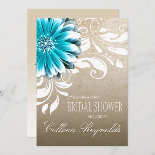 Gerbera Daisy Scroll Brautparty aquamarin Einladung (Vorne/Hinten)
