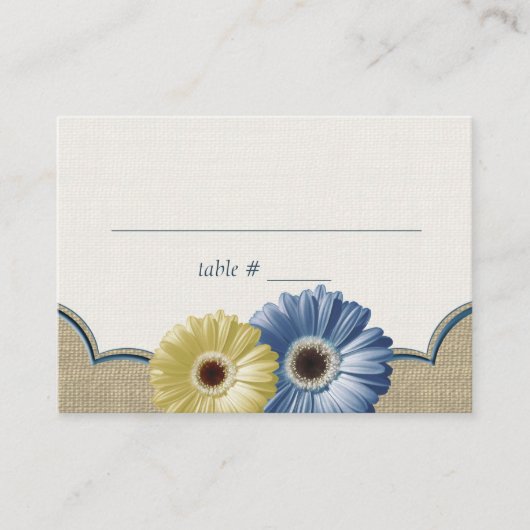 Gerbera Daisy und Burlap Blue und Yellow Seating Platzkarte (Vorderseite)