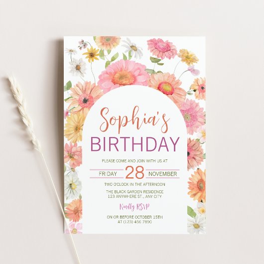 Gerbera-Daisy-Wasserfarben-Blumenbogen-Geburtstag Einladung