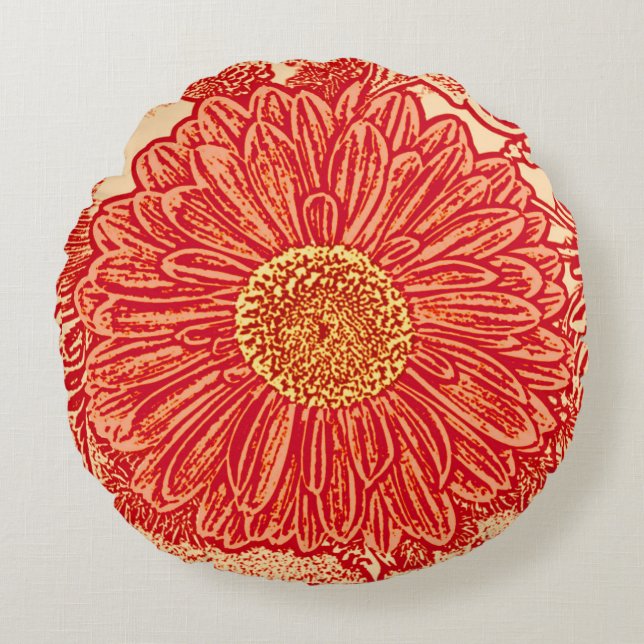 Gerbera-Gänseblümchen-Block-Druck, Mandarine Rundes Kissen (Vorderseite)