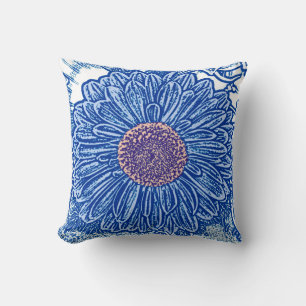 Gerbera-Margerite Blockdruck - kobaltblau Kissen