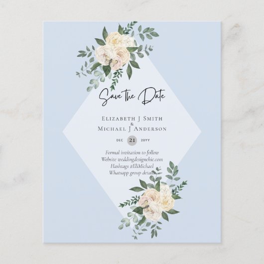 GERINGES HAUSHALT Weiße Rosen SPAREN DIE DATEN Mod Flyer (Vorne)