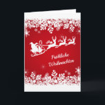 German Christmas - Snowflakes, Santa, reindeer Feiertagskarte<br><div class="desc">White snowflakes,  Santa Claus with his sleigh and reindeer on a red wintry background. The German text in front says: Merry Christmas. Inside in German too: Merry Christmas and a happy New Year.</div>
