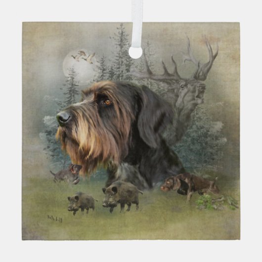 German Drahthaar Pointer, Boar Junting Glass O Ornament Aus Glas (Rückseite)
