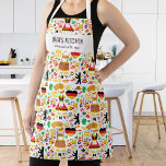 German Food Restaurant Koch Oma's Kitchen Custom Schürze<br><div class="desc">Spaß Schürze mit einem Muster deutscher Icons und Speisen und zwei Textzeilen. Fügen Sie den Namen eines Koch, den Namen Ihres Omas, eine Bäckerei, den Namen des Restaurants, Cafés oder Shops hinzu oder löschen Sie den Text und das Rechteck und verwenden Sie einfach das Muster. Ideal für aufstrebende Koch, Geburtstagsfeiern,...</div>