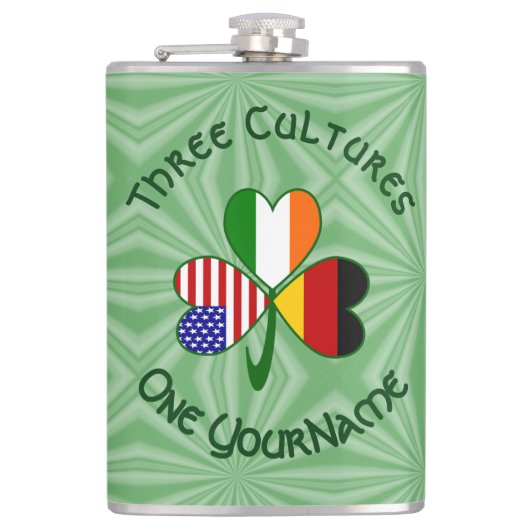 German Irish USA Flags Kleeblatt Personalisiert Flachmann (Vorderseite)