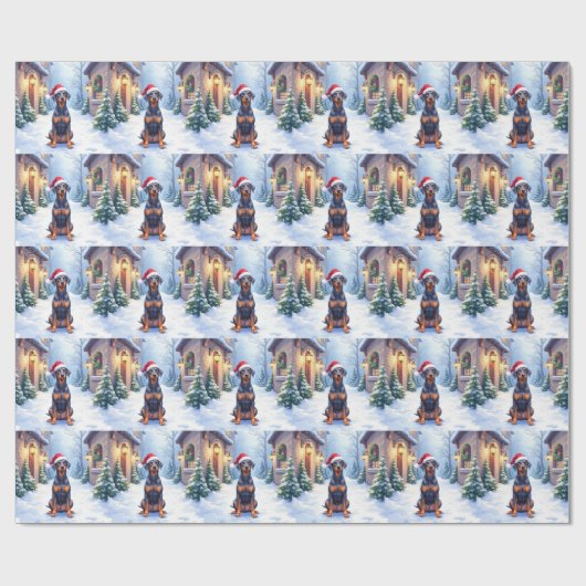 German Pinscher Snowy Courtyard Santa Hat Geschenkpapier (Flach)