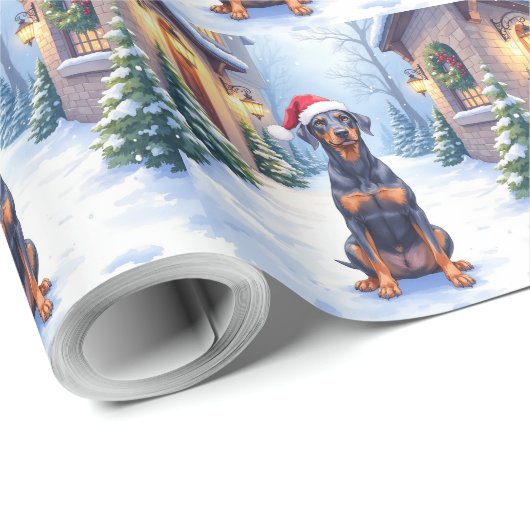 German Pinscher Snowy Courtyard Santa Hat Geschenkpapier (Rolleneckpunkt)