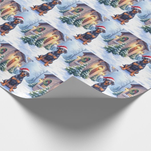 German Pinscher Snowy Courtyard Santa Hat Geschenkpapier (Ecke)