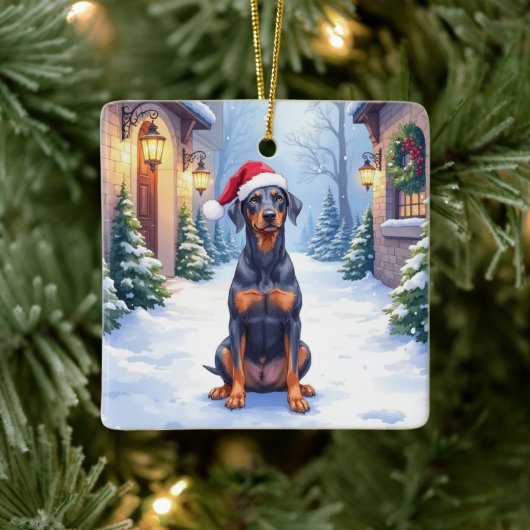 German Pinscher Snowy Courtyard Santa Hat Keramikornament (Baum)