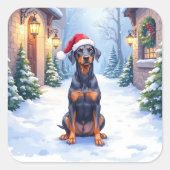 German Pinscher Snowy Courtyard Santa Hat Quadratischer Aufkleber (Vorderseite)