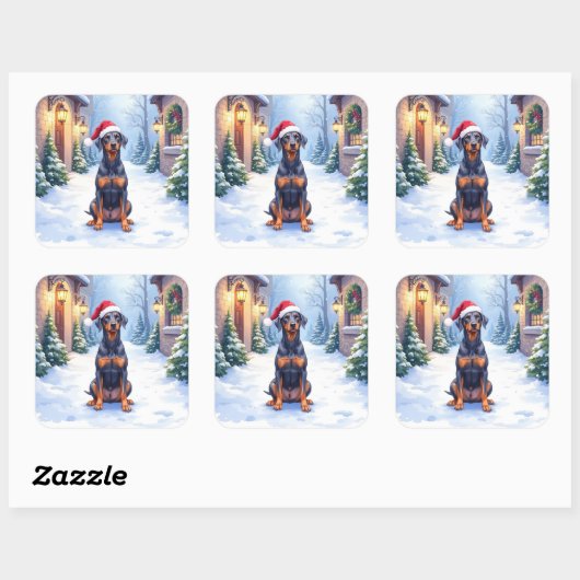 German Pinscher Snowy Courtyard Santa Hat Quadratischer Aufkleber (Blatt)