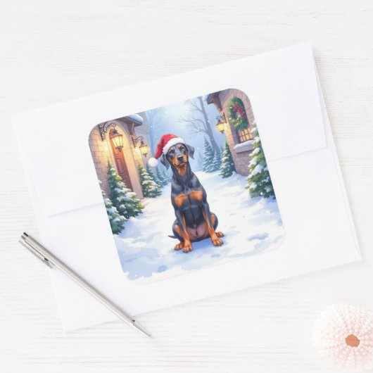 German Pinscher Snowy Courtyard Santa Hat Quadratischer Aufkleber (Umschlag)