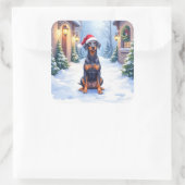 German Pinscher Snowy Courtyard Santa Hat Quadratischer Aufkleber (Tasche)