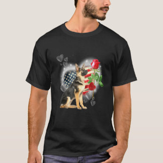 German Shepherd America Flag Patriotic Dog Rose Fl T-Shirt